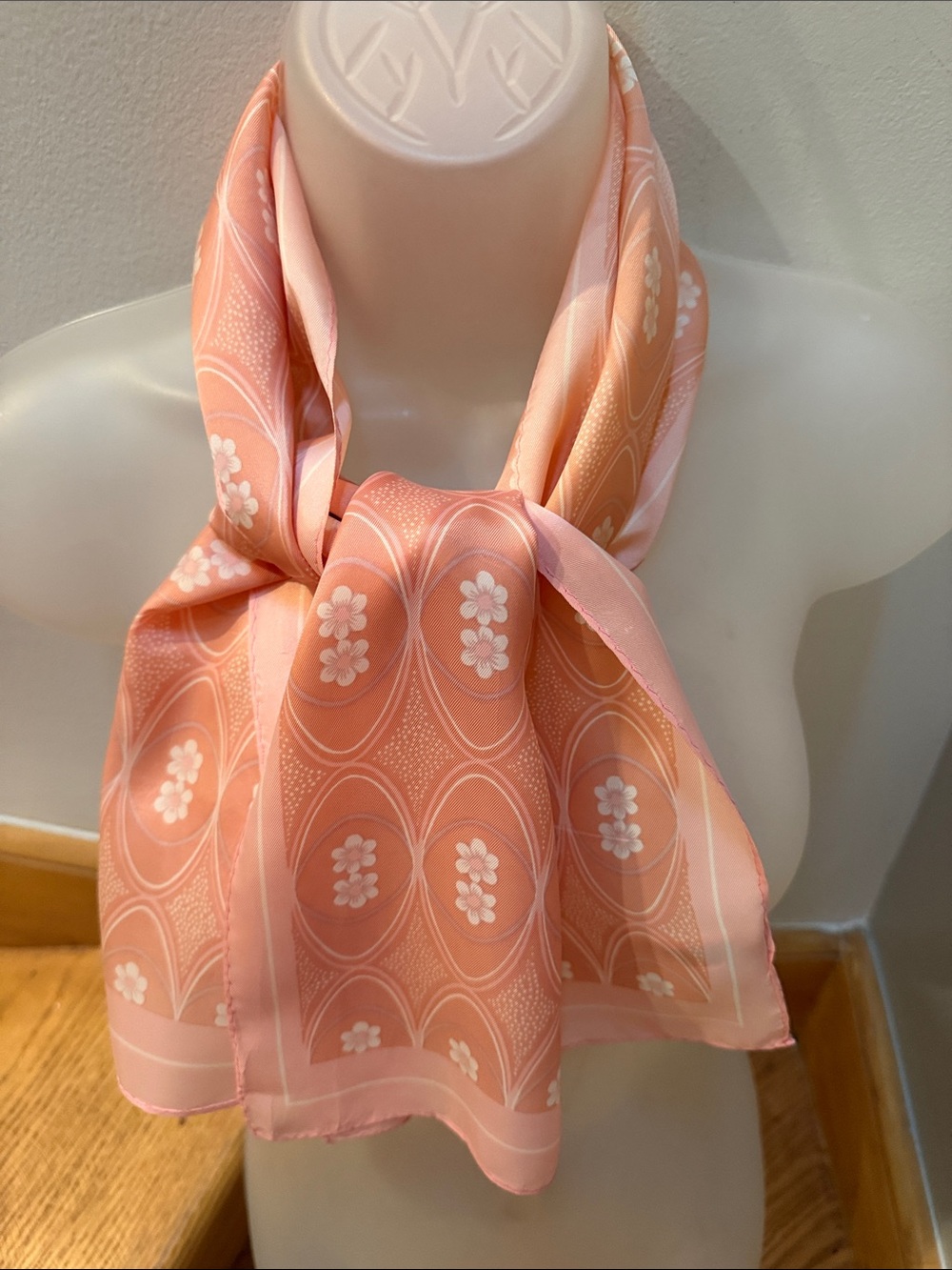 Vintage Japan Peach Floral Geometric Oblong Scarf Necktie 100% Acetate 1970’s